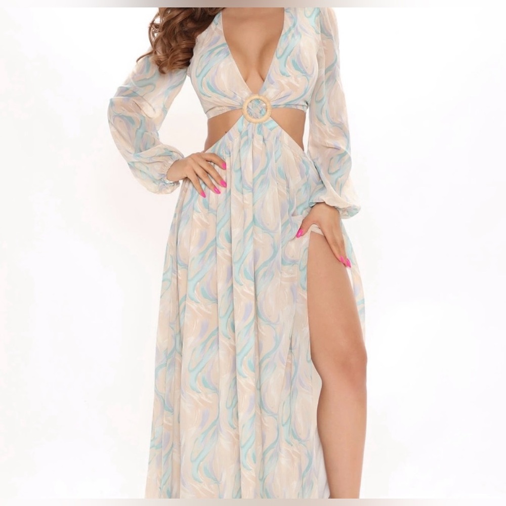 NWT Fashion Nova Eternal Beauty Deep V-neck O Ring Cut Out Pastel Maxi Dress